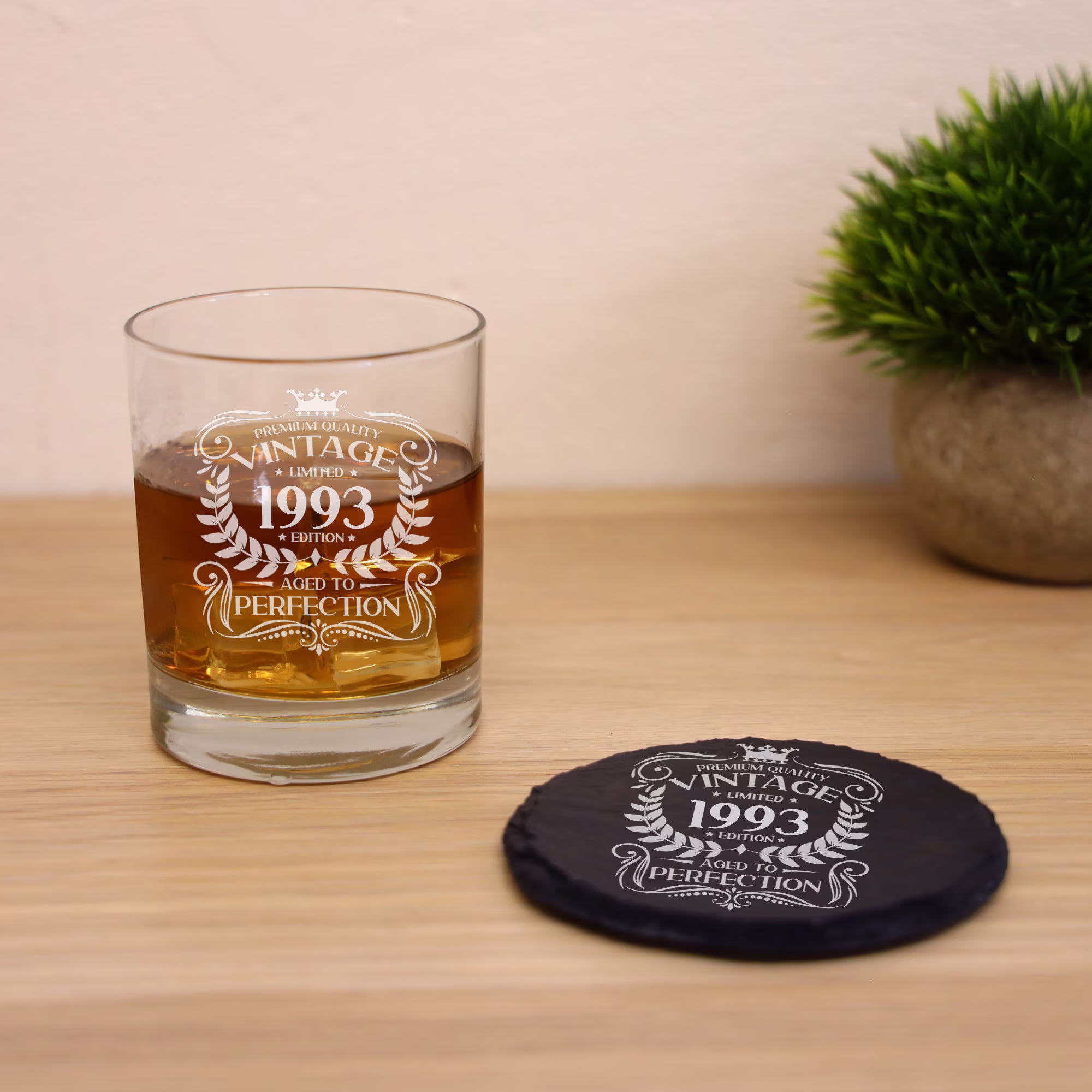 Vintage 1993 Engraved Whiskey Glass - 30Th Birthday Aged To Perfection 30 Year Old Gifts Bourbon Scotch Whisky Tumbler & Coaster Set