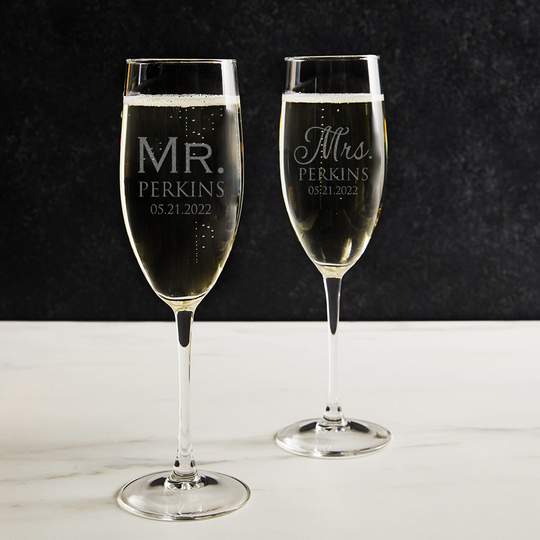 Pair | 2 Engraved Personalized Mr. & Mrs. Champagne Glasses By Lifetime Creations Wedding Gift, Bride Groom, Engagement Ships Fast