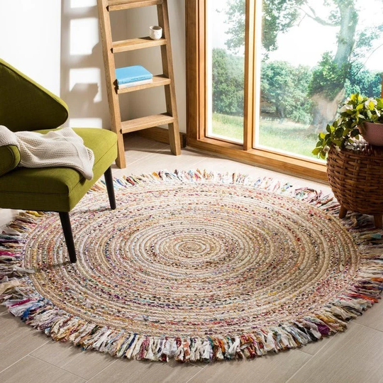 Round Recycled Chindi Cotton Jute Boho Rug With Tassel , 90cm/120cm/150cm, Eco-Friendly Home Living, Larg Round Cotton Rugs