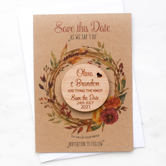 Save The Date Round Magnet With Cards, Autumn Fall Wedding Kraft Save-The-Dates, Custom Magnet, Rustic Wooden Announcement, Floral
