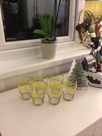 Water Lemonade Glass Vintage X6 Yellow Rose Flower Gold Ring Rim Base 1950 1960 Kitch Retro Cocktail Glasses Home Bar She Man Cave Gift