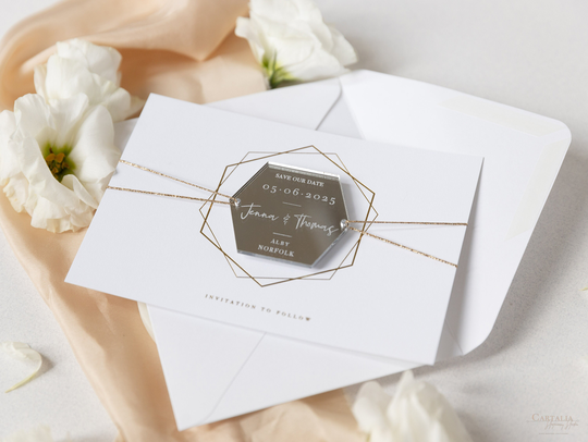 Modern Hexagon Plexi Mirror Save The Date Magnets | The Cards Wedding Invite Gold & Silver Personalized