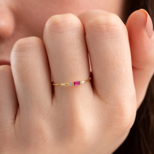 Ruby Ring, Baguette 14K Rose Gold Minimalist Stacking Three-Stone Round Diamond Promise Birthstone Ring