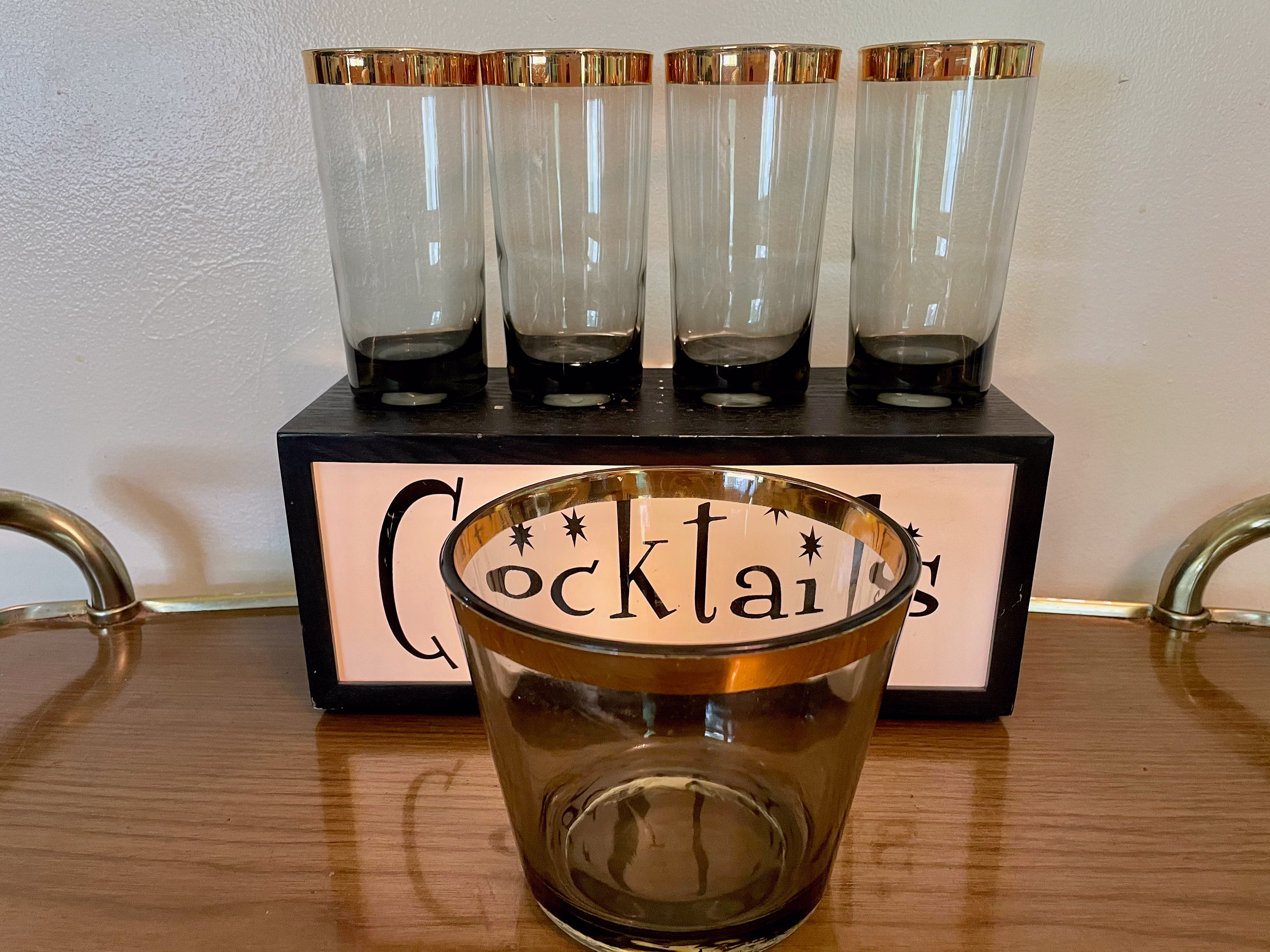 Mid Century Modern Gold Rim Cocktail Set, Mcm Smoky Glass Barware Dorothy Thorpe Style Highball Glasses & Ice Bucket