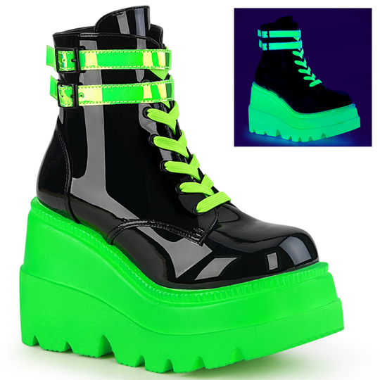 (5 (Adults')) Demonia SHAKER-52 Blk Pat-UV Neon Green