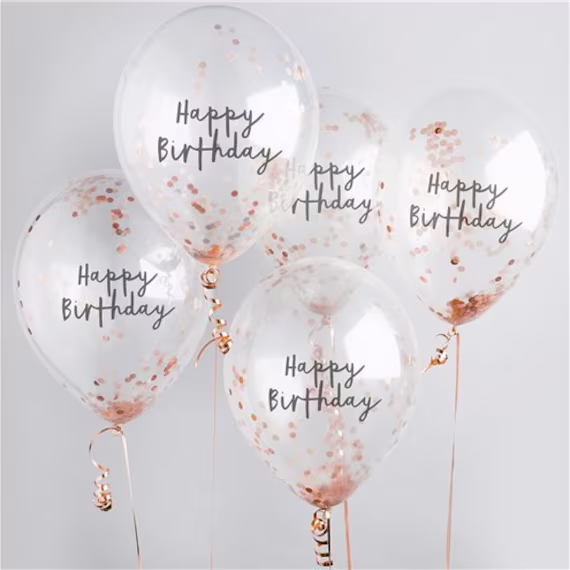 5 Rose Gold Happy Birthday Confetti Balloons, Party Balloons