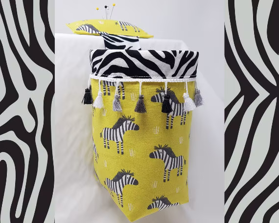 Thread Catcher/Scrap Bin With Pin Cushion - Zebras Tassels. Other Fabrics Available