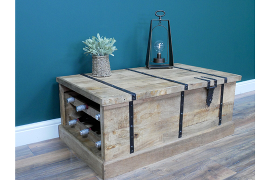Wine Trunk Bar Storage Made From Wood & Iron, Lovely Coffee Table Industrial Low Sideboard Cabinet Rack Furniture