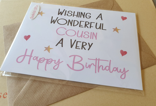 Cousin Birthday Card - Wishing A Wonderful Very Happy Pink Text Nice Cute Funny Novelty Greeting Sadnick Gifts