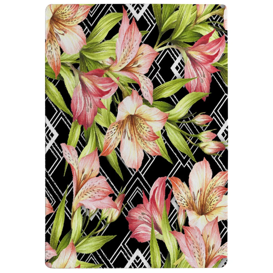 Mora Bright Plants on Geometric Background Shaggy Black/Green/Pink Rug