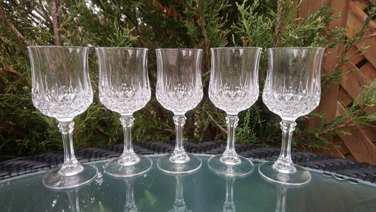Set Of Five Vintage Crystal Stemmed Wine Glasses, Barware D'arques France, Liqueur Drinking Glassware