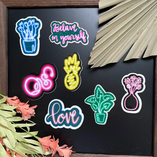 Neon Lights Sticker Or Magnet Bundle | Laptop Stickers Waterbottle Monstera Tulips Believe in Yourself Pineapple Plants