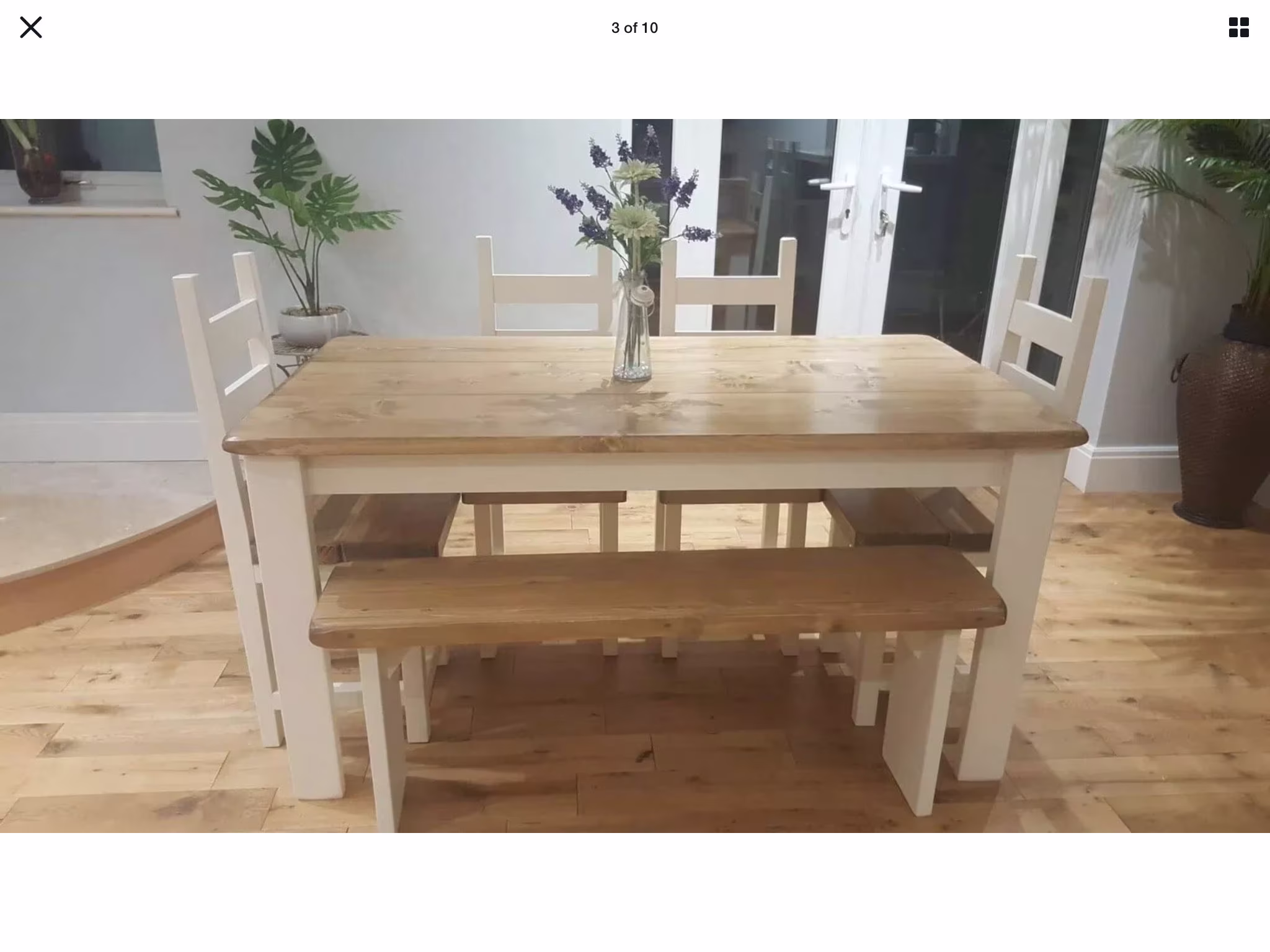 Rustic Farmhouse Style Dining Table 4 Chairs & A Bench 1500 X 800 in White Cream Or Grey