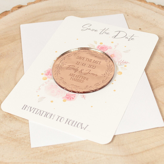 Personalised Mirror Circle Frame Save The Date Magnets & Cards | Rose Gold, Silver Or Gold