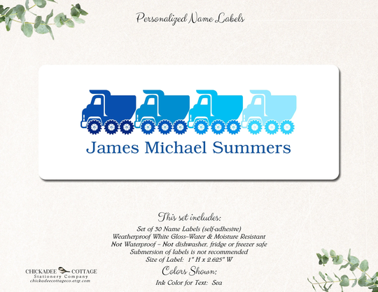 Personalized School Supply Labels With Dump Trucks, Boys Name Stickers, For School, Back To Dump Trucks Blue