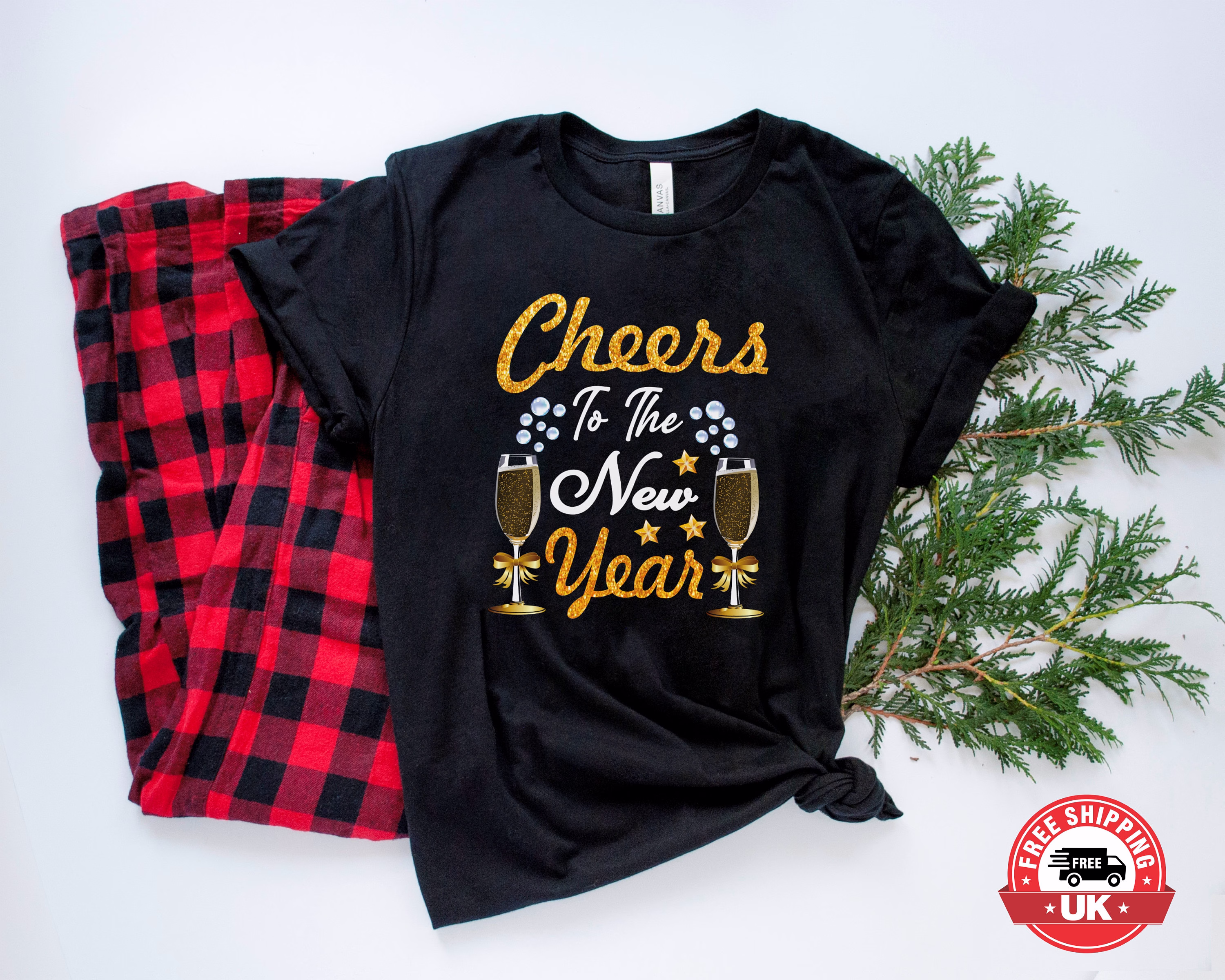 Happy New Year Cheers Printed Shirt, Years Eve Wine Glass Party T Christmas Holidays Couple Matching Shirts, Gift Idea