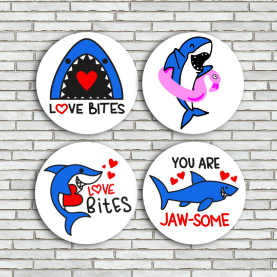 Set Of 4 Funny Shark Fridge Magnets Or Pinback Buttons 1.25" 2.25