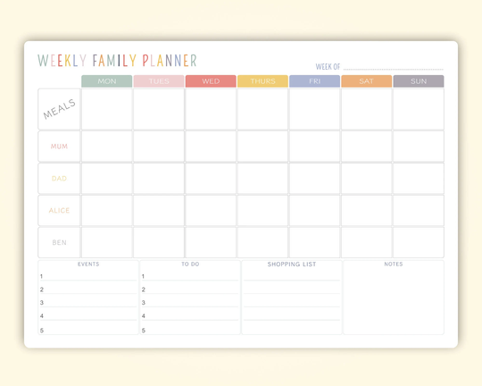 A3 Personalised Dry Wipe Whiteboard Weekly Family Organiser/Planner. Meal, Events, To Do, Shopping List & Notes Section Included