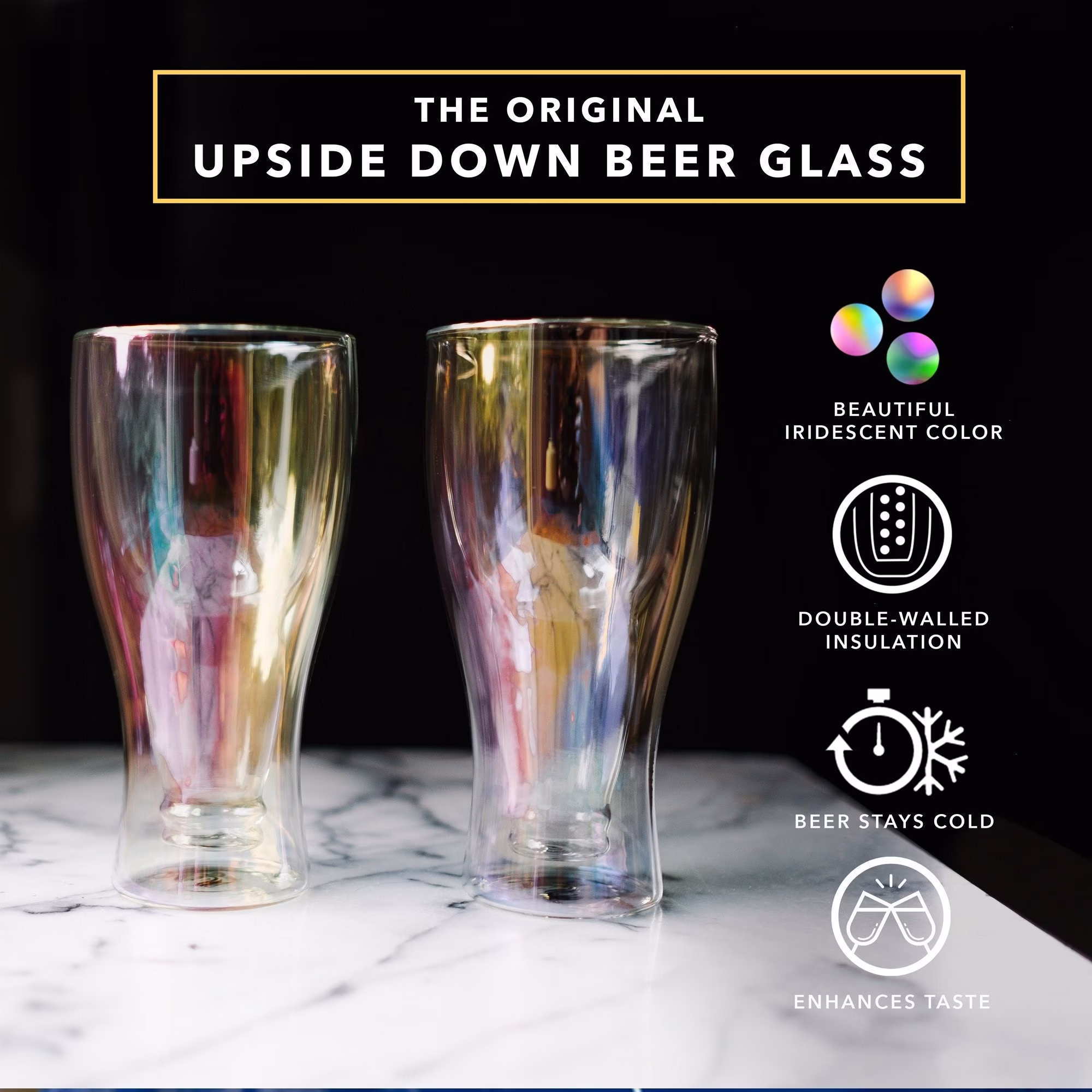 Beer Glasses, Insulated Upside Down Design, Iridescent Double Wall Pub Mugs, Holds One Full Bottle, Fun Gift For Beer, 13.5-Ounce