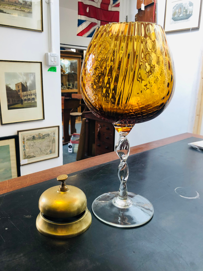 Large Oversized Mid Century Italian Hand Blown Optic Amber Glass Wine Goblet Twisted