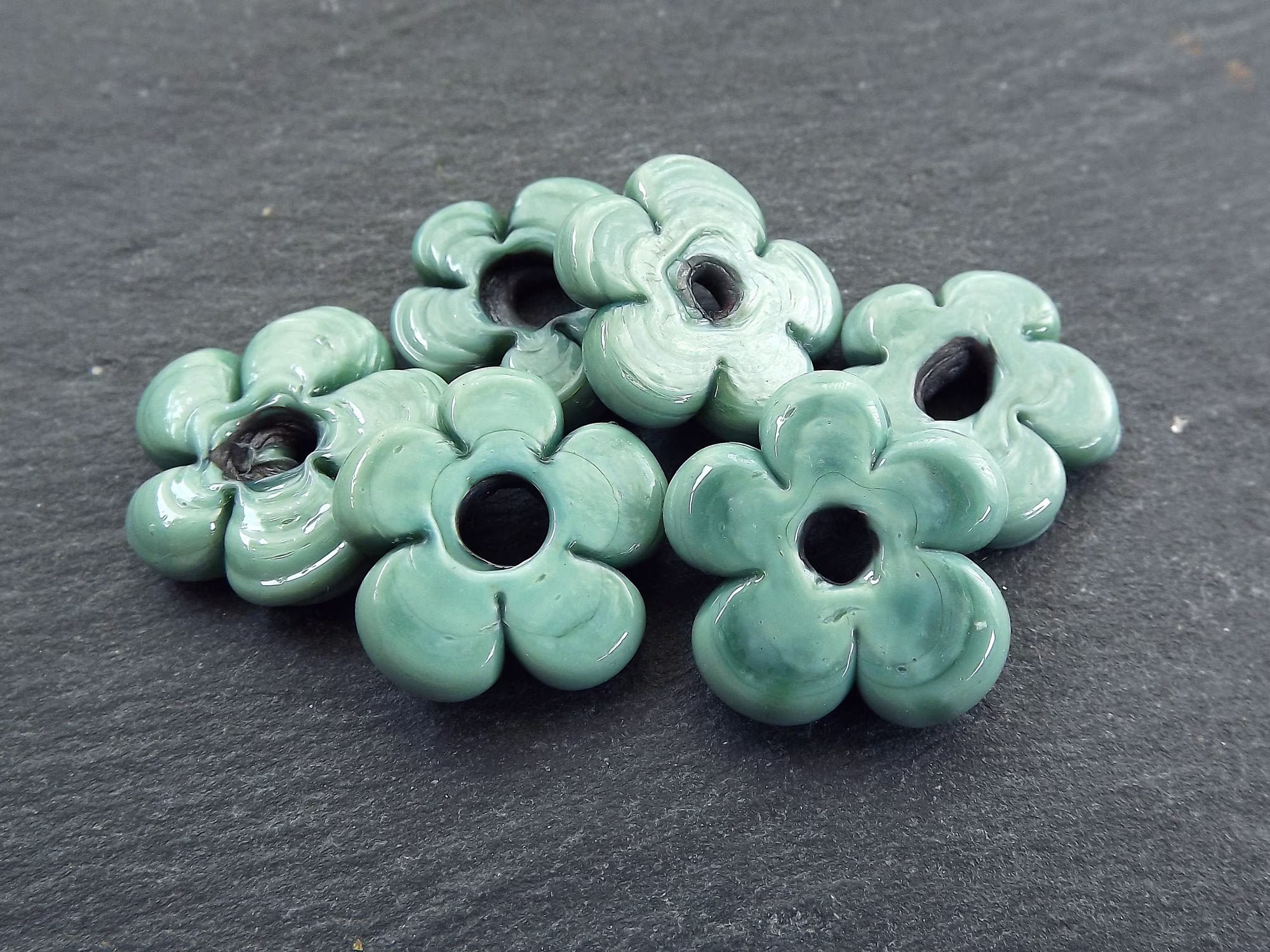 6 Seafoam Green Glass Flower Beads, Large Chunky Artisan Handmade, Aqua Green, 20mm