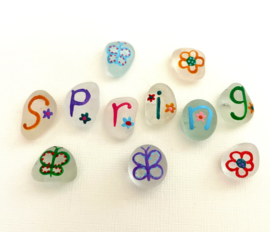 Spring Butterflies & Flowers 11 Pieces - Hand Painted Sea Glass Fridge Magnets, 11Pc Set