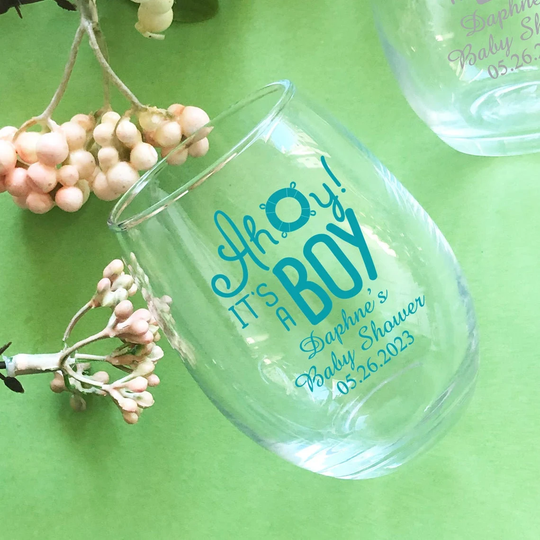 Printed 24 Pieces Ahoy It's A Boy Personalized Stemless Wine Glass Favors - Baby Shower {Item#858E-O}