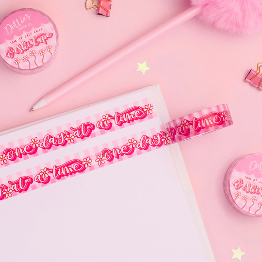 One Day At A Time Calligraphy Washi Tape - Floral Self Care Lettering Positivity Planner