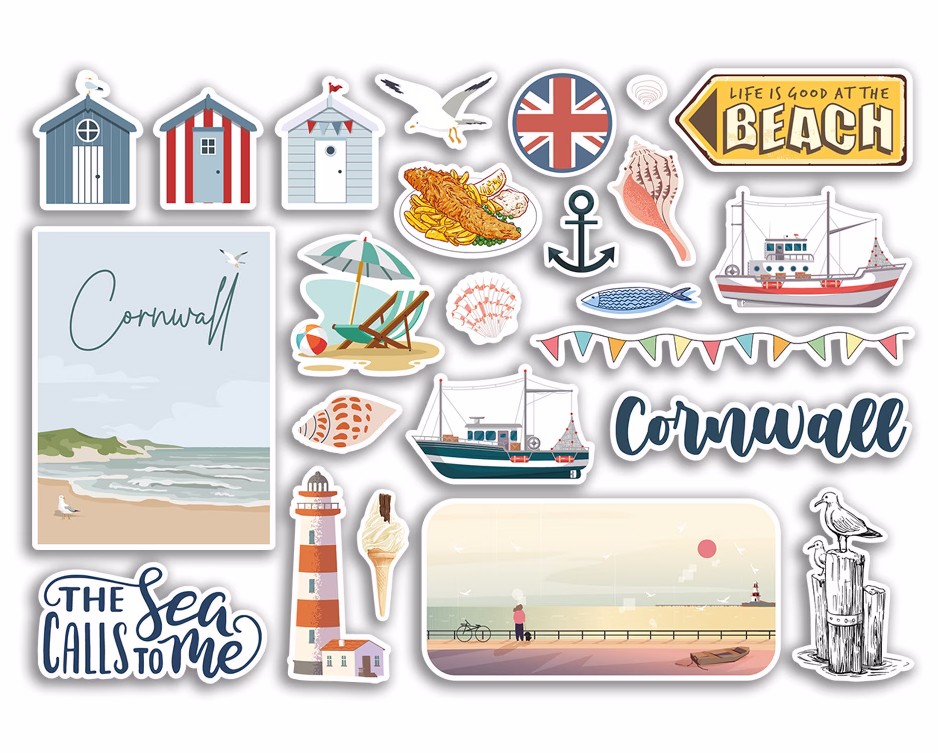 A5 Sticker Sheet Cornwall Vinyl Stickers - Beach Seaside British England Coast Ocean Sea Boat Flag Travel Holiday Scrapbook Aesthetic #79093