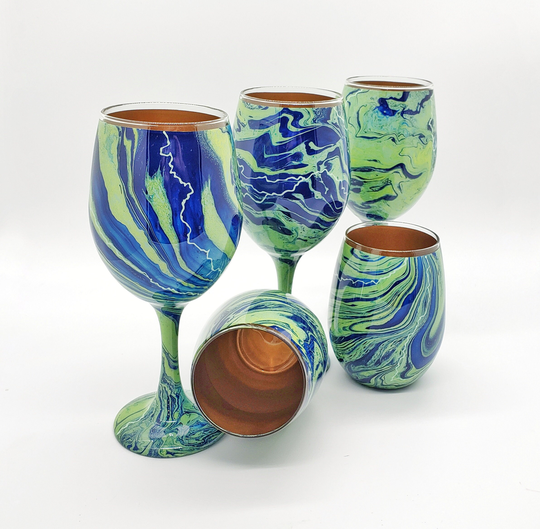 Hyrdo Dip Wine Glass Hand Painted in Gold Blue Green & Mint Stemmed Or Stemless