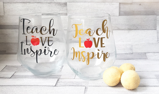 Teacher Thank You Wine Glass Gift, Teach, Love, Inspire Stemless Glass, Quarantine