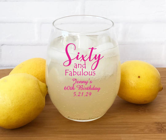 Printed 24 Pieces Sixty & Fabulous Personalized Stemless Wine Glass Favors - 60Th Birthday {Item#858F-O}