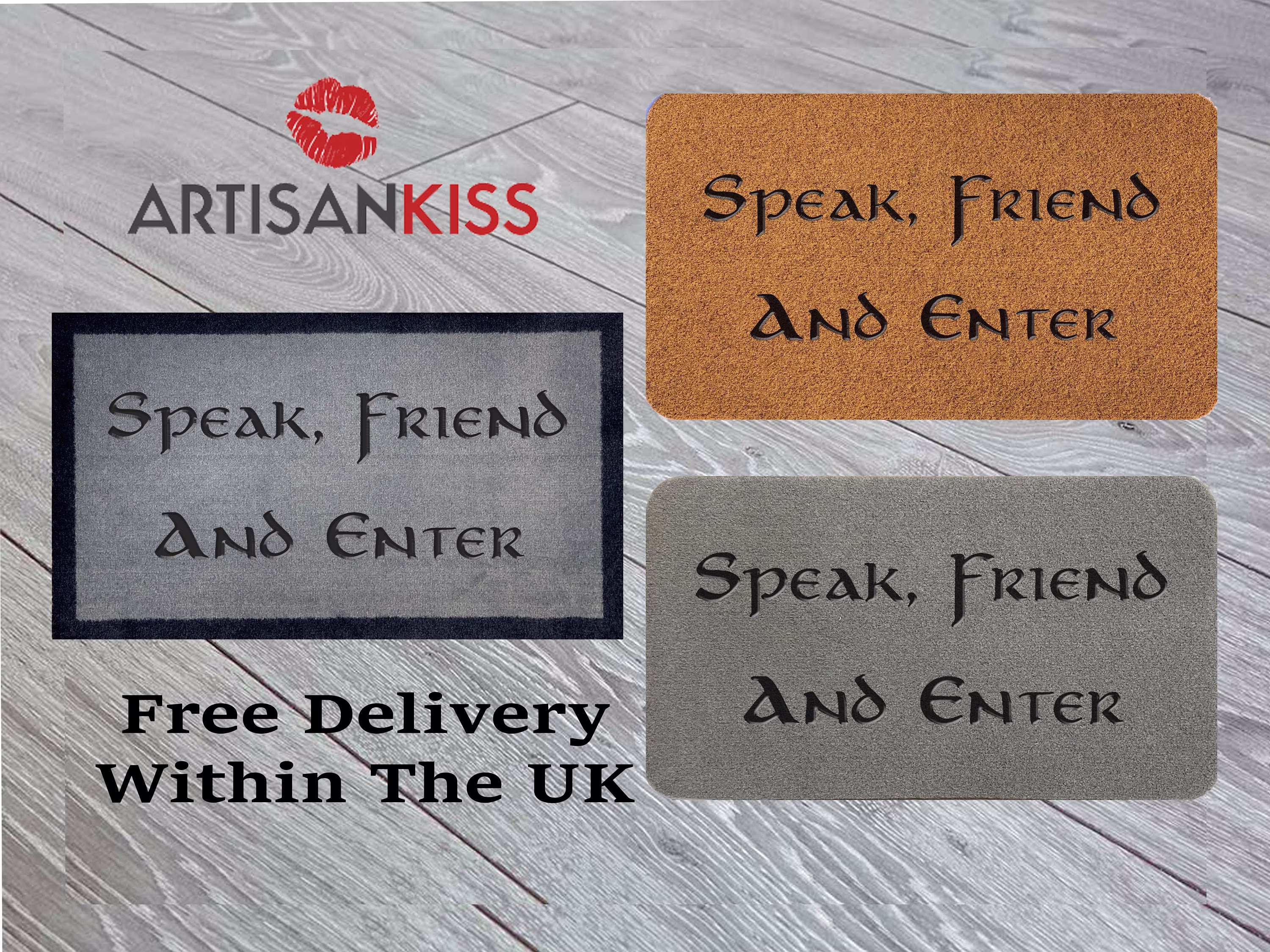 Speak Friend & Enter Engraved Coir Synthetic Nylon Light Grey Brown Cream Green Novelty Machine Washable Door Mat