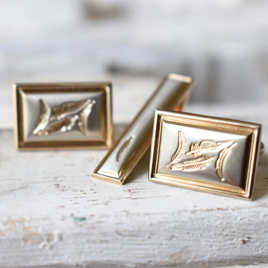 Vintage Hickok Usa Cufflinks & Tie Clip Feather Cuff Links Two Tone Bar Gift For Groom