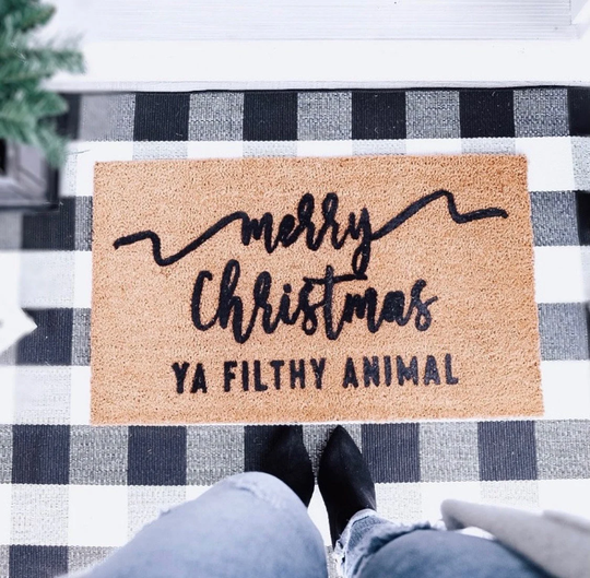 Merry Christmas Ya Filthy Animal Doormat, Holiday Front Door Mat, Flocked Coir Welcome Outdoor Entryway, Gift Decor Reindeer