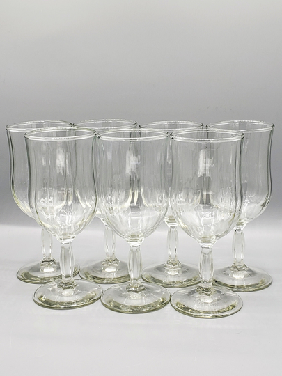 Set Of 7 Wine Glasses, Water Goblets ~ Paneled Glass Bowl With Hex Textured Stem Dinner Party Home Barware