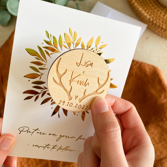 Antler Wedding Save The Date Magnet, Rustic Deer Dates, Scottish Stag The Dates Wooden Woodland