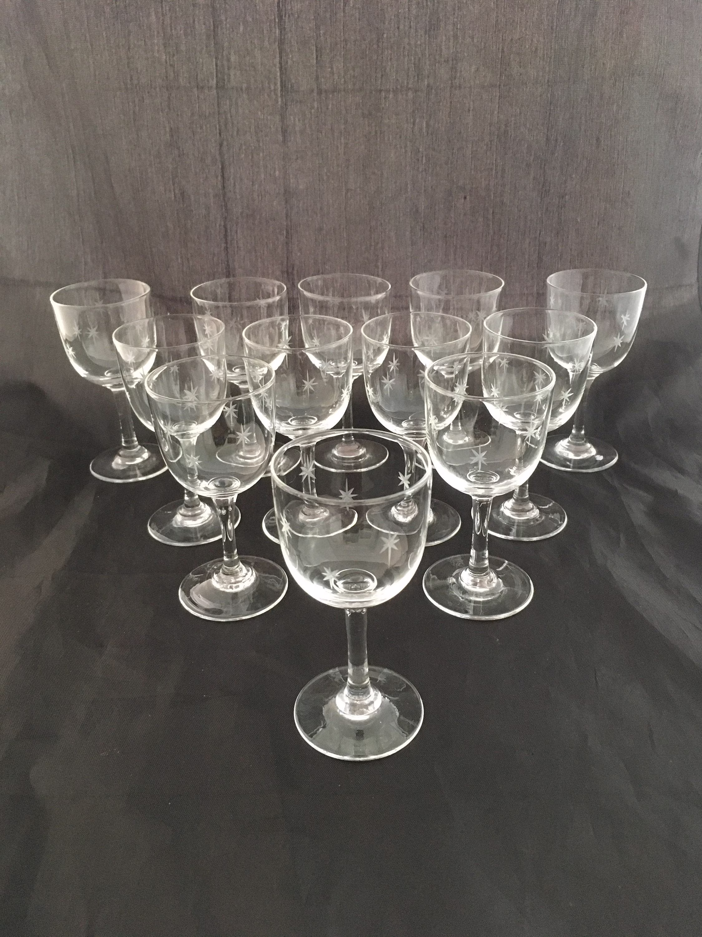 Set Of 2 Mid Century Modern Star Etched Crystal Cordial Glasses, Atomic Stardust, Sherry Port Liqueur Amaro Whiskey Spirit Tasting Glasses