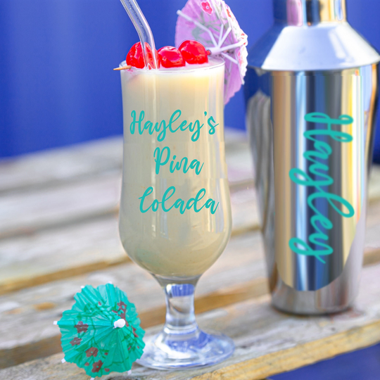 Personalised Pina Colada Cocktail Shaker & Glass Set With Recipe | At Home Bar Custom Mixer Gift Reusable Straw Party Kit