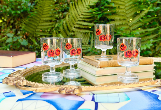 Luminarc Rose Glasses, French Wine 1970S Glassware, Red Design, Cavalier Cordial Retro Barware Set Of 4