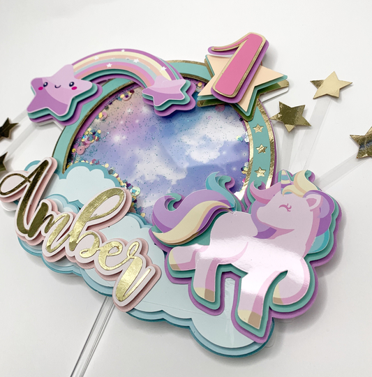 Personalized Unicorn Cake Topper, Rainbow Birthday, Party, Centerpiece, Shaker Party Decoration