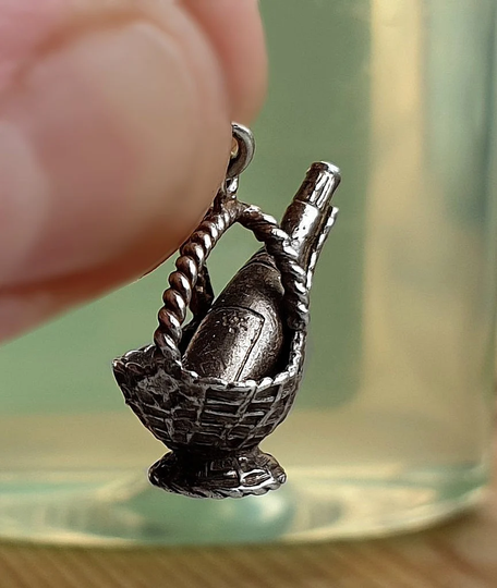 Unusual Vintage Silver Wine Bottle in Ice Bucket Charm , Sterling Charms, { 2 }