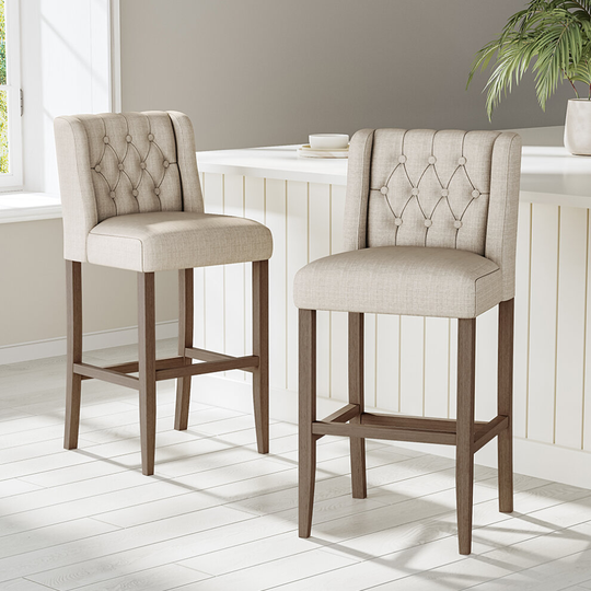 (Beige) Rustic Set of 2 Bar Stools Linen Tufted with Wood Legs