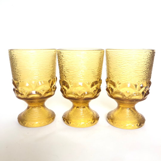 3 Vintage Golden Yellow Heavy Glass 6.5Oz Wine Goblets - Retro Barware