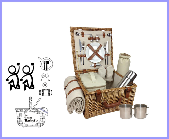 Personalisable 2 Person Deluxe Picnic Basket, Quintessential British Hamper For Two, Basket With Coordinated Accessories