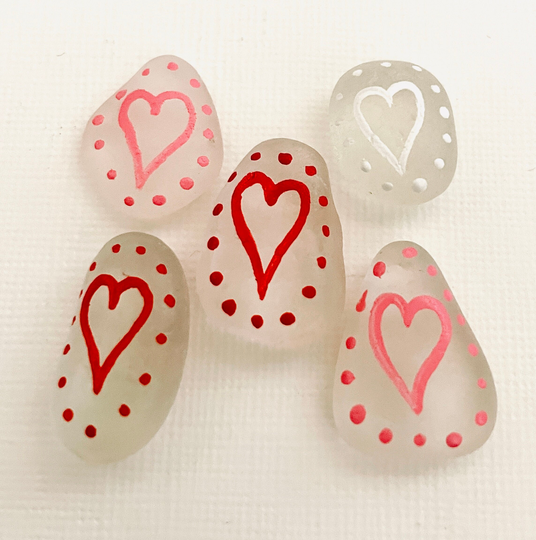 Dotty Sea Glass Hearts - Hand Painted Fridge Magnets, 5Pc Set