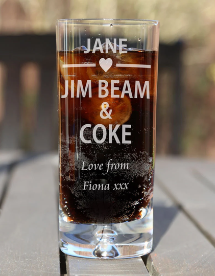 Personalised Engraved Boxed Jim Beam & Coke Highball Glass Lover Gift Heart Design For Birthday Christmas Wedding Anniversary Etc