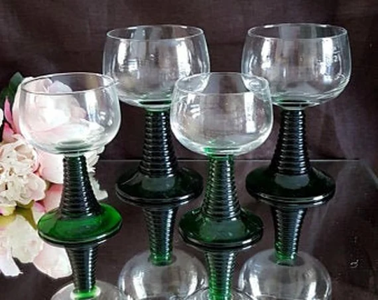 stem Glasses, Four Green Glasses, Wine Glasses, Wine Glass Set, 4 Large , Vintage Glass, Goblet, Barware