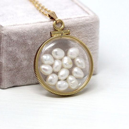 Baroque Pearl Shaker Locket - Handcrafted 14K Gold Filled Lucite Pendant Necklace Charm June Birthstone Coin Bezel Nickel Sized Jewelry