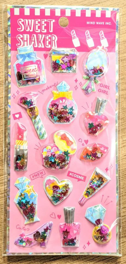 Puffy Glitter Sweet Shaker Sticker Sheet | Pink Girly Makeup Lipstick For Scrapbooks Penpals Planners & Crafting Mindwave Japan